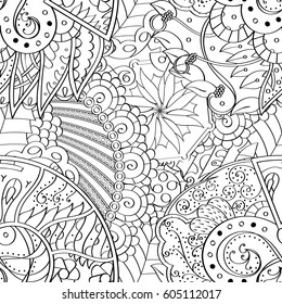 Tracery seamless calming pattern. Mehndi design. Ethnic monochrome binary doodle texture. Curved doodling black and white background. Vector.