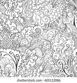 Tracery seamless calming pattern. Mehndi design. Ethnic monochrome binary doodle texture. Curved doodling black and white background. Vector.