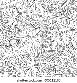 Tracery seamless calming pattern. Mehndi design. Ethnic monochrome binary doodle texture. Curved doodling black and white background. Vector.