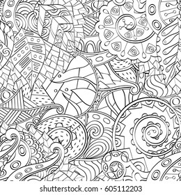 Tracery seamless calming pattern. Mehndi design. Ethnic monochrome binary doodle texture. Curved doodling black and white background. Vector.