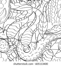 Tracery seamless calming pattern. Mehndi design. Ethnic monochrome binary doodle texture. Curved doodling black and white background. Vector.