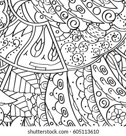 Tracery seamless calming pattern. Mehndi design. Ethnic monochrome binary doodle texture. Curved doodling black and white background. Vector.