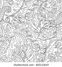 Tracery seamless calming pattern. Mehndi design. Ethnic monochrome binary doodle texture. Curved doodling black and white background. Vector.