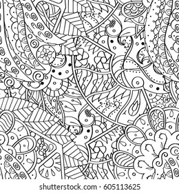 Tracery seamless calming pattern. Mehndi design. Ethnic monochrome binary doodle texture. Curved doodling black and white background. Vector.