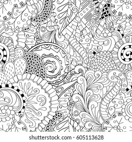 Tracery seamless calming pattern. Mehndi design. Ethnic monochrome binary doodle texture. Curved doodling black and white background. Vector.
