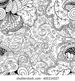 Tracery seamless calming pattern. Mehndi design. Ethnic monochrome binary doodle texture. Curved doodling black and white background. Vector.