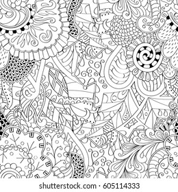 Tracery seamless calming pattern. Mehndi design. Ethnic monochrome binary doodle texture. Curved doodling black and white background. Vector.