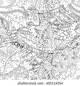 Tracery seamless calming pattern. Mehndi design. Ethnic monochrome binary doodle texture. Curved doodling black and white background. Vector.