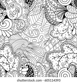 Tracery seamless calming pattern. Mehndi design. Ethnic monochrome binary doodle texture. Curved doodling black and white background. Vector.