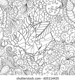 Tracery seamless calming pattern. Mehndi design. Ethnic monochrome binary doodle texture. Curved doodling black and white background. Vector.