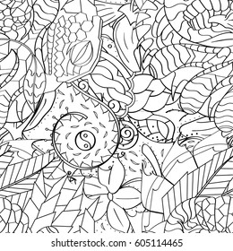Tracery seamless calming pattern. Mehndi design. Ethnic monochrome binary doodle texture. Curved doodling black and white background. Vector.