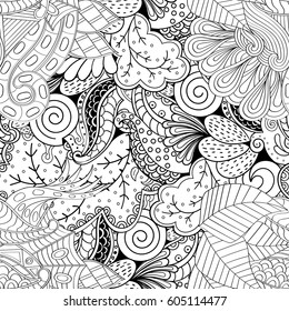 Tracery seamless calming pattern. Mehndi design. Ethnic monochrome binary doodle texture. Curved doodling black and white background. Vector.