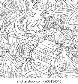 Tracery seamless calming pattern. Mehndi design. Ethnic monochrome binary doodle texture. Curved doodling black and white background. Vector.