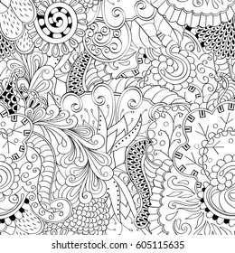 Tracery seamless calming pattern. Mehndi design. Ethnic monochrome binary doodle texture. Curved doodling black and white background. Vector.