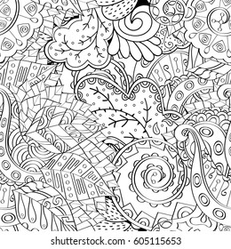 Tracery seamless calming pattern. Mehndi design. Ethnic monochrome binary doodle texture. Curved doodling black and white background. Vector.