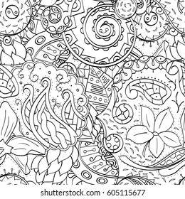 Tracery seamless calming pattern. Mehndi design. Ethnic monochrome binary doodle texture. Curved doodling black and white background. Vector.
