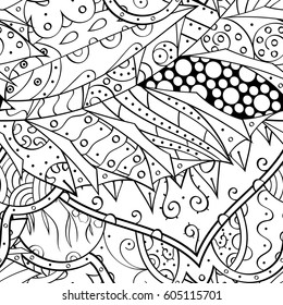 Tracery seamless calming pattern. Mehndi design. Ethnic monochrome binary doodle texture. Curved doodling black and white background. Vector.