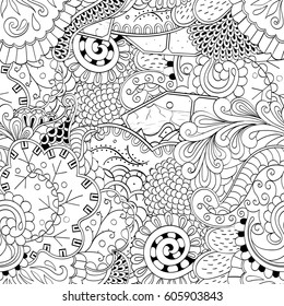 Tracery seamless calming pattern. Mehndi design. Ethnic monochrome binary doodle texture. Curved doodling black and white background. Vector.