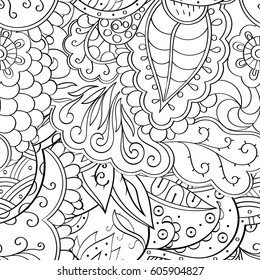 Tracery seamless calming pattern. Mehndi design. Ethnic monochrome binary doodle texture. Curved doodling black and white background. Vector.