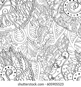 Tracery seamless calming pattern. Mehndi design. Ethnic monochrome binary doodle texture. Curved doodling black and white background. Vector.