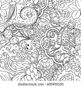 Tracery seamless calming pattern. Mehndi design. Ethnic monochrome binary doodle texture. Curved doodling black and white background. Vector.