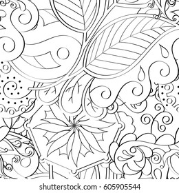 Tracery seamless calming pattern. Mehndi design. Ethnic monochrome binary doodle texture. Curved doodling black and white background. Vector.