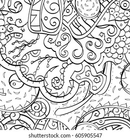 Tracery seamless calming pattern. Mehndi design. Ethnic monochrome binary doodle texture. Curved doodling black and white background. Vector.