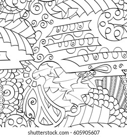 Tracery seamless calming pattern. Mehndi design. Ethnic monochrome binary doodle texture. Curved doodling black and white background. Vector.