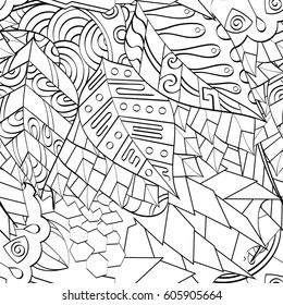 Tracery seamless calming pattern. Mehndi design. Ethnic monochrome binary doodle texture. Curved doodling black and white background. Vector.