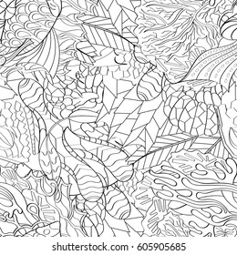 Tracery seamless calming pattern. Mehndi design. Ethnic monochrome binary doodle texture. Curved doodling black and white background. Vector.