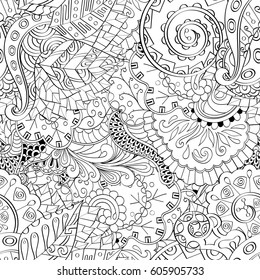 Tracery seamless calming pattern. Mehndi design. Ethnic monochrome binary doodle texture. Curved doodling black and white background. Vector.