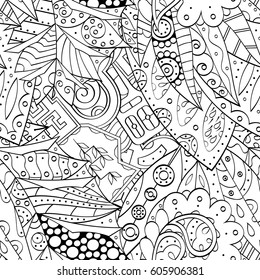 Tracery seamless calming pattern. Mehndi design. Ethnic monochrome binary doodle texture. Curved doodling black and white background. Vector.