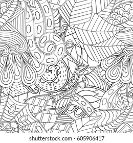 Tracery seamless calming pattern. Mehndi design. Ethnic monochrome binary doodle texture. Curved doodling black and white background. Vector.