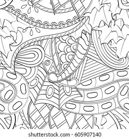 Tracery seamless calming pattern. Mehndi design. Ethnic monochrome binary doodle texture. Curved doodling black and white background. Vector.