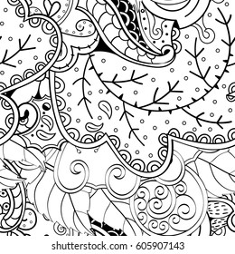 Tracery seamless calming pattern. Mehndi design. Ethnic monochrome binary doodle texture. Curved doodling black and white background. Vector.
