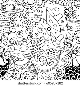 Tracery seamless calming pattern. Mehndi design. Ethnic monochrome binary doodle texture. Curved doodling black and white background. Vector.