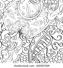 Tracery seamless calming pattern. Mehndi design. Ethnic monochrome binary doodle texture. Curved doodling black and white background. Vector.