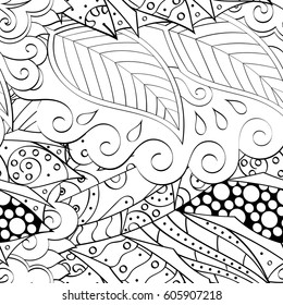 Tracery seamless calming pattern. Mehndi design. Ethnic monochrome binary doodle texture. Curved doodling black and white background. Vector.