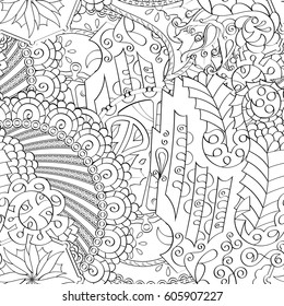 Tracery seamless calming pattern. Mehndi design. Ethnic monochrome binary doodle texture. Curved doodling black and white background. Vector.