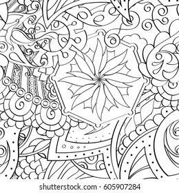 Tracery seamless calming pattern. Mehndi design. Ethnic monochrome binary doodle texture. Curved doodling black and white background. Vector.