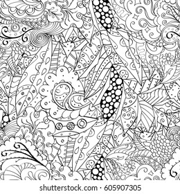 Tracery seamless calming pattern. Mehndi design. Ethnic monochrome binary doodle texture. Curved doodling black and white background. Vector.