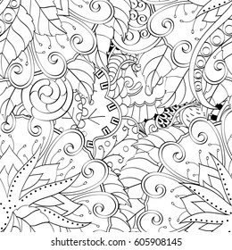 Tracery seamless calming pattern. Mehndi design. Ethnic monochrome binary doodle texture. Curved doodling black and white background. Vector.