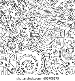 Tracery seamless calming pattern. Mehndi design. Ethnic monochrome binary doodle texture. Curved doodling black and white background. Vector.