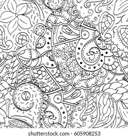 Tracery seamless calming pattern. Mehndi design. Ethnic monochrome binary doodle texture. Curved doodling black and white background. Vector.