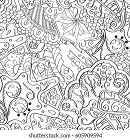 Tracery seamless calming pattern. Mehndi design. Ethnic monochrome binary doodle texture. Curved doodling black and white background. Vector.