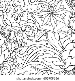 Tracery seamless calming pattern. Mehndi design. Ethnic monochrome binary doodle texture. Curved doodling black and white background. Vector.