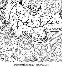Tracery seamless calming pattern. Mehndi design. Ethnic monochrome binary doodle texture. Curved doodling black and white background. Vector.