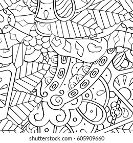 Tracery seamless calming pattern. Mehndi design. Ethnic monochrome binary doodle texture. Curved doodling black and white background. Vector.