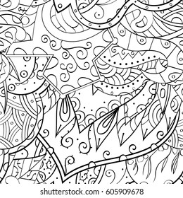 Tracery seamless calming pattern. Mehndi design. Ethnic monochrome binary doodle texture. Curved doodling black and white background. Vector.