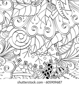 Tracery seamless calming pattern. Mehndi design. Ethnic monochrome binary doodle texture. Curved doodling black and white background. Vector.